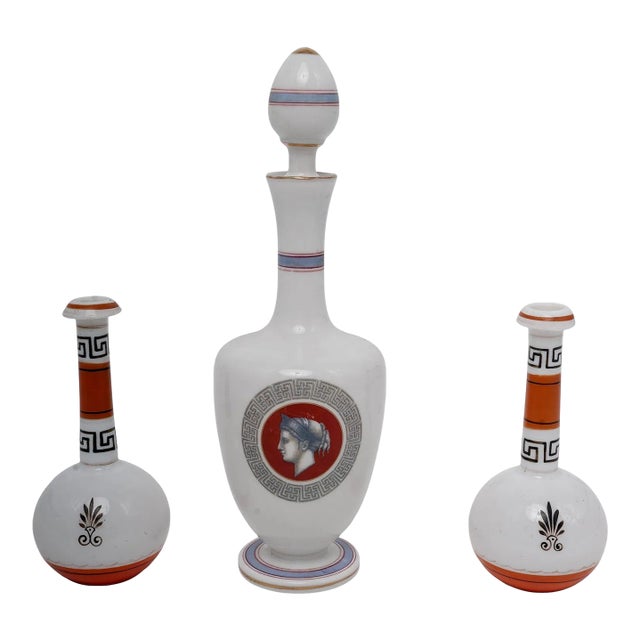 19th Century French Opaline Glass Grand Tour Decanter & Portrait Vases – Set of 3 For Sale