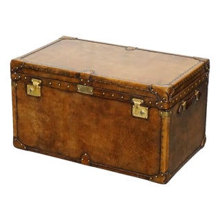 Vintage Hand-Dyed Brown Leather Lockable Storage Steamer Trunk For Sale