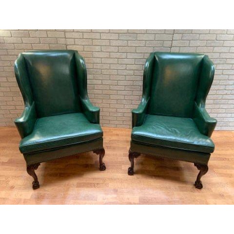 Hancock and Moore Green Leather Wingback Chairs and ...