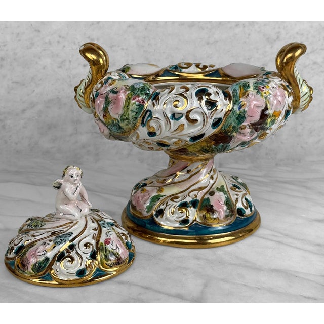 Italian Vintage Italian Capodimonte Porcelain Cherub Double Handle Pedestal Bowl W/ Lid For Sale - Image 3 of 10