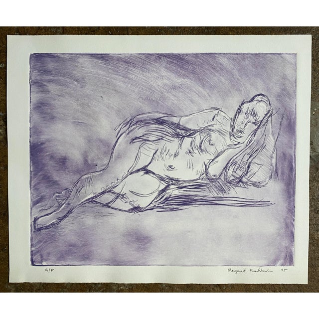 1975 Margaret Friedlander female nude in purple. Etching on paper, pencil signed, dated and noted as artist's proof.