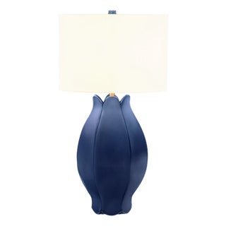 Matthew Izzo Home Mae Matte Navy Blue Glaze Ceramic Table Lamp With Shade and Ceramic Finial For Sale