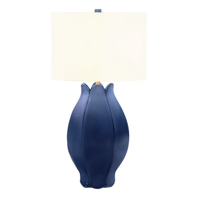 Matthew Izzo Home Mae Matte Navy Blue Glaze Ceramic Table Lamp With Shade and Ceramic Finial For Sale