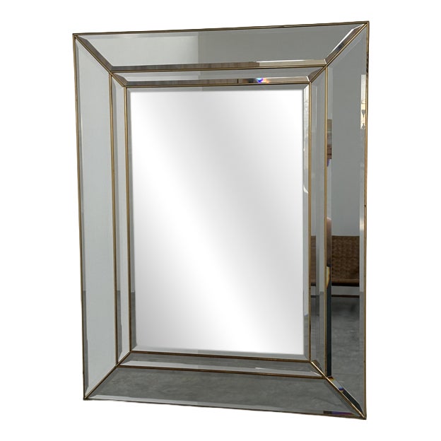 Large Vintage Brass Beveled Wall Mirror For Sale