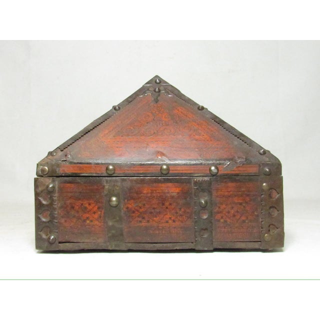 Brick Red Antique Indian Iron Bound and Lacqured Dowry or Jewelry Box For Sale - Image 8 of 12