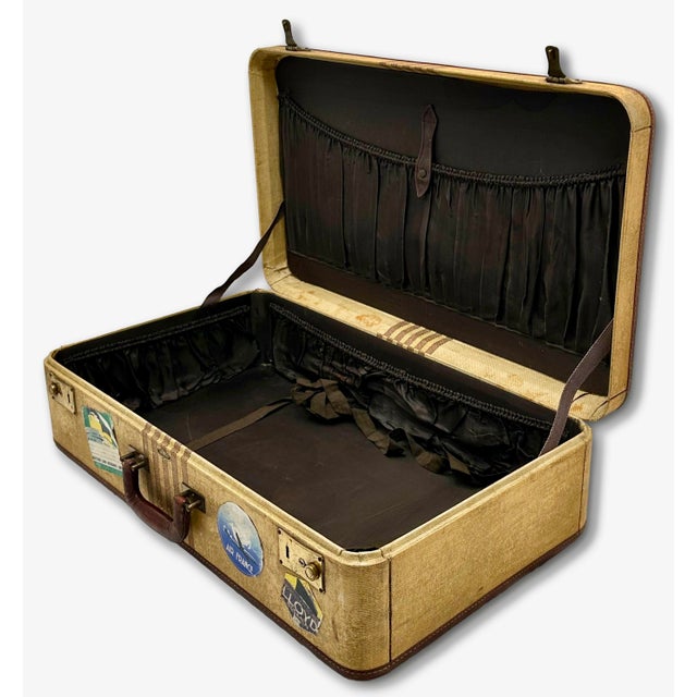 Vintage 1940s Travel Size Tweed Suitcase With Nice Assortment of World Grand Tour Locations Paper Labels For Sale - Image 15 of 18