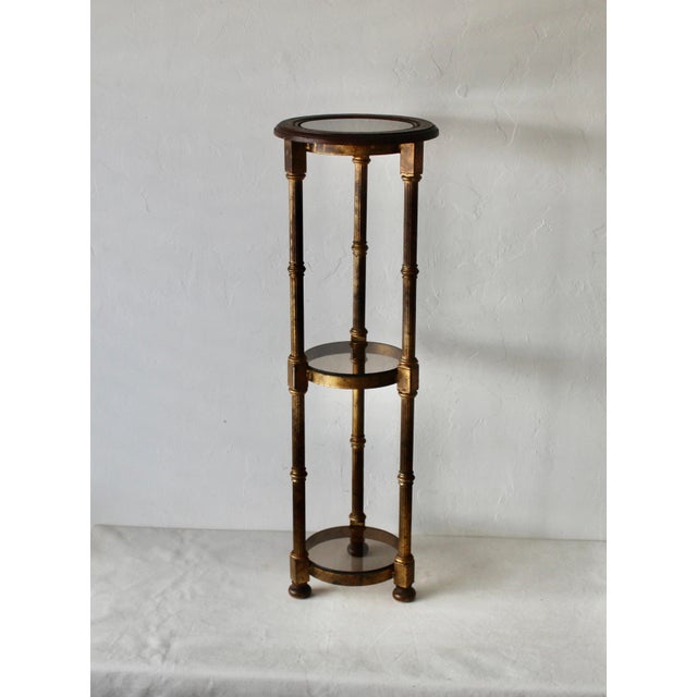 Maitland Smith Style Vintage Hollywood Regency Gilded Metal Wood Smoked Glass Three Tiered Plant Stand For Sale - Image 11 of 11