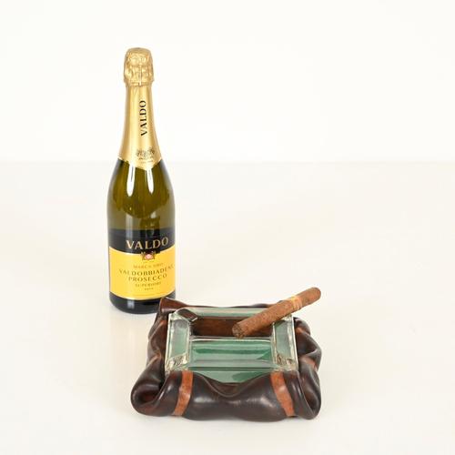 Italian Curved Leather and Crystal Glass Ashtray from Nova Tecno, 1950s For Sale - Image 4 of 14