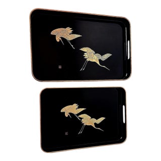 Mid 20th Century Japanese Maki Style Black Lacquer Effect Resin Two Trays Gold Painted Cranes - Set of 2 For Sale