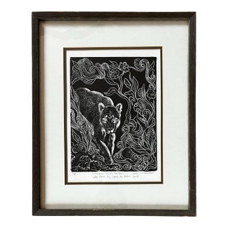 Vintage Impressionist Woodcut Print of Florida Panther in Wood Frame For Sale