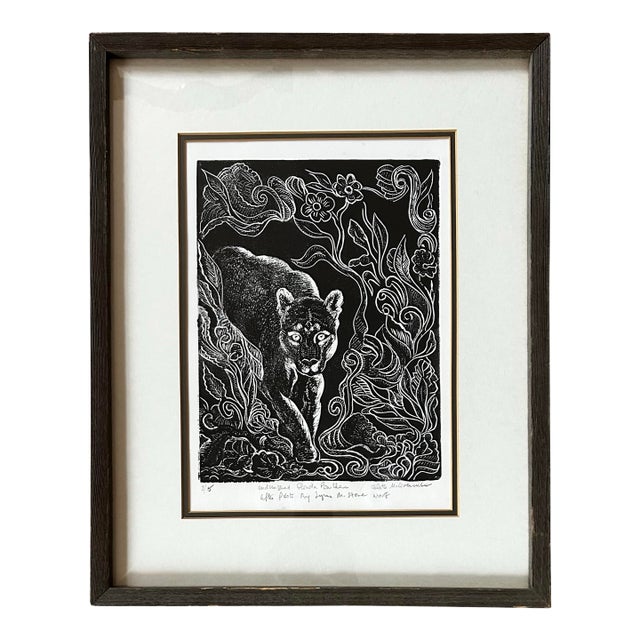Vintage Impressionist Woodcut Print of Florida Panther in Wood Frame For Sale