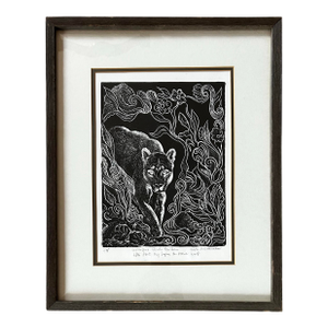 Vintage Impressionist Woodcut Print of Florida Panther in Wood Frame