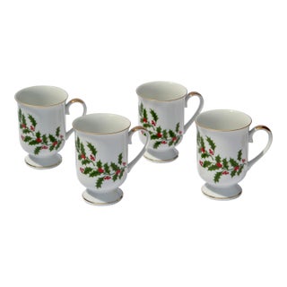 Set 4 Japan Porcelain & Gold Trim Footed Mug Christmas Holly by All the Trimmings For Sale
