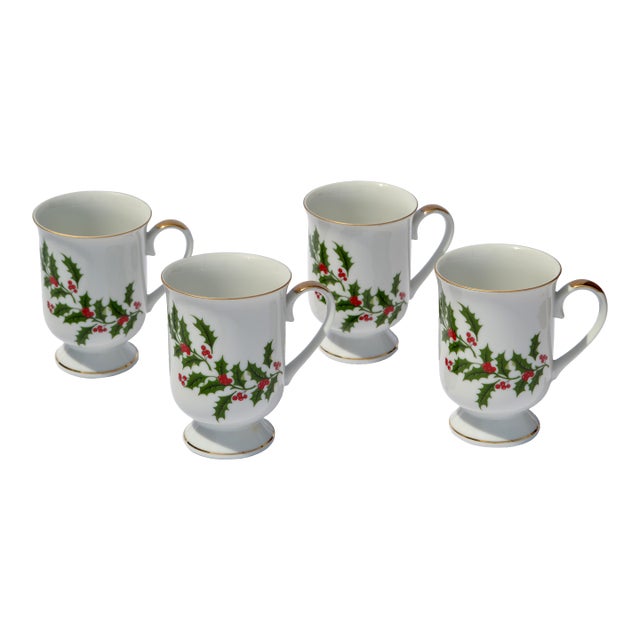 Set 4 Japan Porcelain & Gold Trim Footed Mug Christmas Holly by All the Trimmings For Sale
