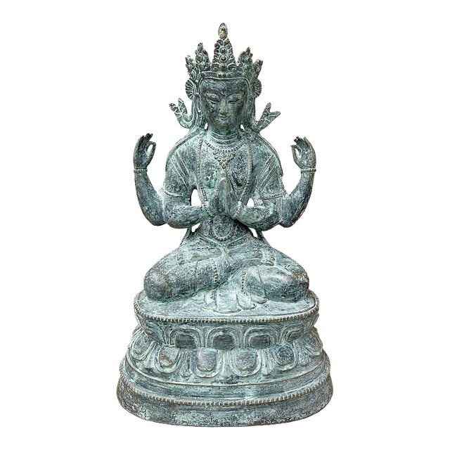 Chinese Rustic Oxidized Patina GuanYin Bodhisattva Metal Buddha Statue For Sale
