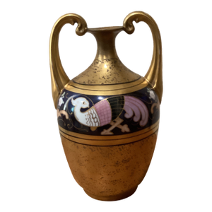 Early 20th Century Ceramic Amphora Vase Hand Painted Gold Color Body and Bird Motif
