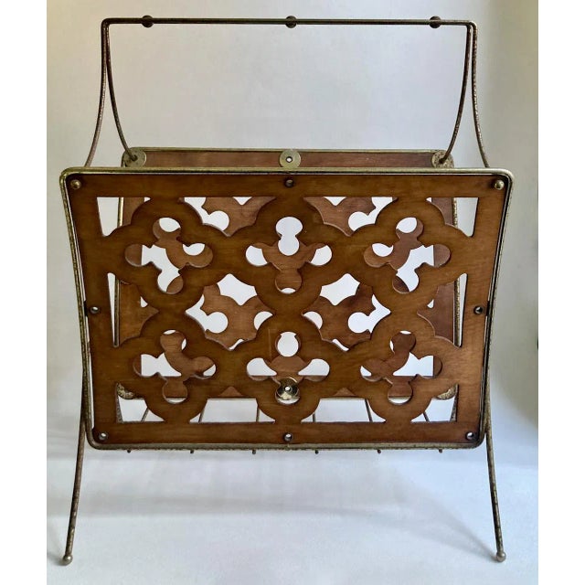 Mid Century Modern Quatrefoil Wood & Metal Magazine Rack For Sale - Image 4 of 13