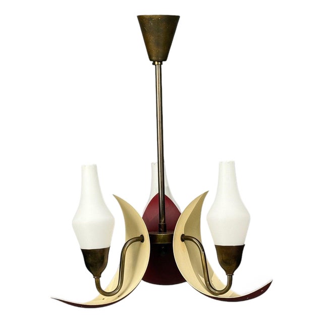 1950s Bent Karlby, Pendant Light, Brass, Red Lacquered Metal, Glass For Sale