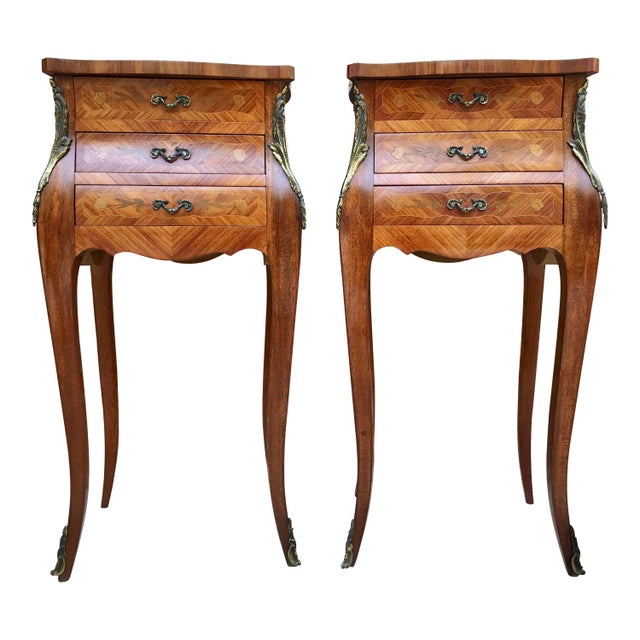 French Classic Louis Vx Style Marquetry Nightstands with Three Drawers, 1920s, A Pair For Sale In Miami - Image 6 of 18