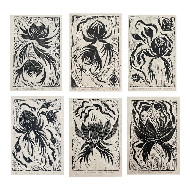 Phases of Bloom- "Original" Carved Block Print Black and White Art - Set of 6 For Sale