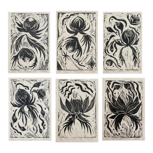 Phases of Bloom- "Original" Carved Block Print Black and White Art - Set of 6