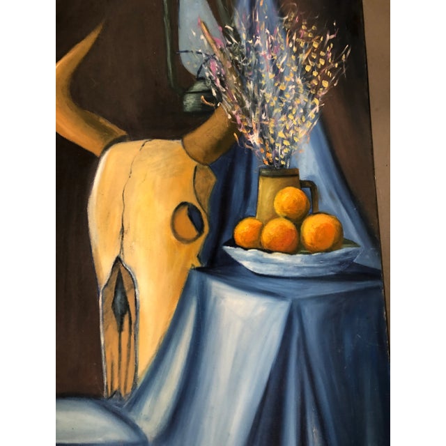 Contemporary Original Vintage Still Life Painting Cow Skull & Flowers For Sale - Image 3 of 9