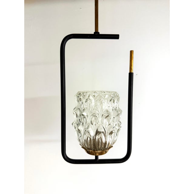 Metal French Mid-Century Modern Black Metal, Brass & Pressed Glass Pendant Light, France, 1950s For Sale - Image 7 of 7
