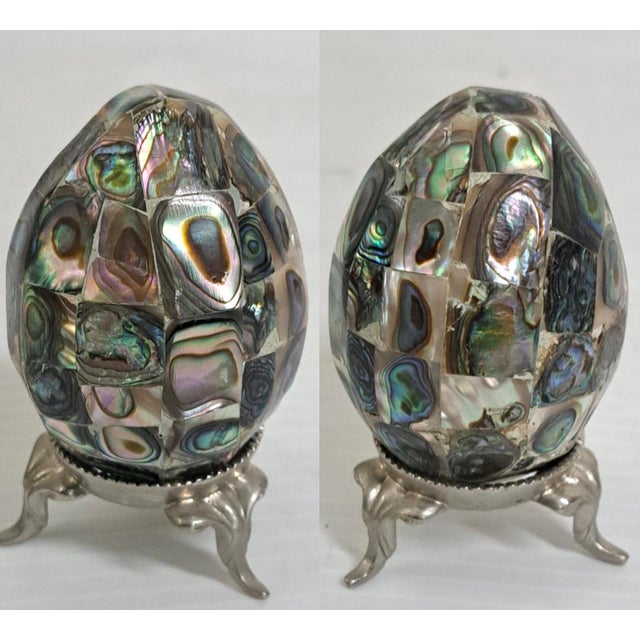Lot of 2 Decorative Eggs – Abalone Shell Mosaic & Monet Green Enamel Egg Box For Sale - Image 9 of 10