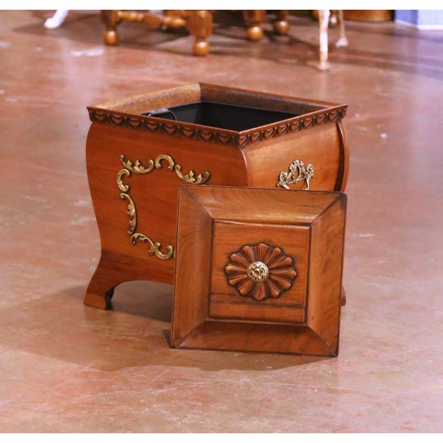 19th Century French Walnut Coal Scuttle With Brass Mounts and Zinc Liner For Sale - Image 4 of 16