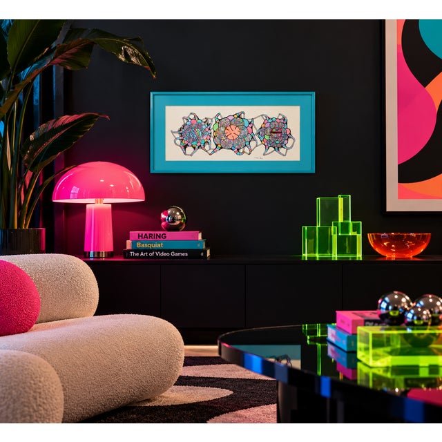 A vintage, hand-drawn illustration, combining geometric and abstract themes with neon colors. Signed "C.C. Paucchi".