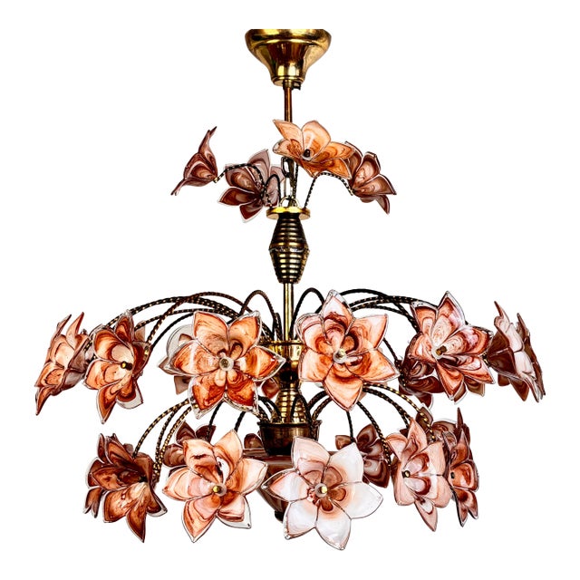 1980s Italian Murano Style Brown Floral Chandelier – Glass Flower Bouquet For Sale