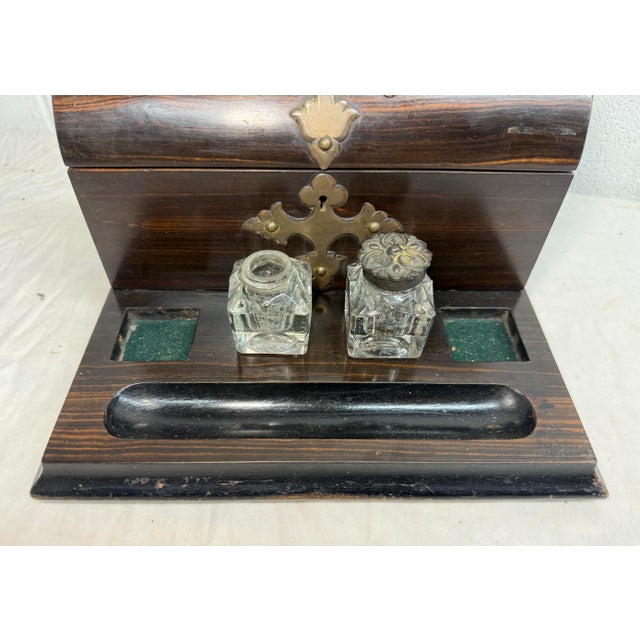 Antique 19th Century Brass Wood English Inkwell Letter Pen Stand Writing Book For Sale - Image 9 of 14