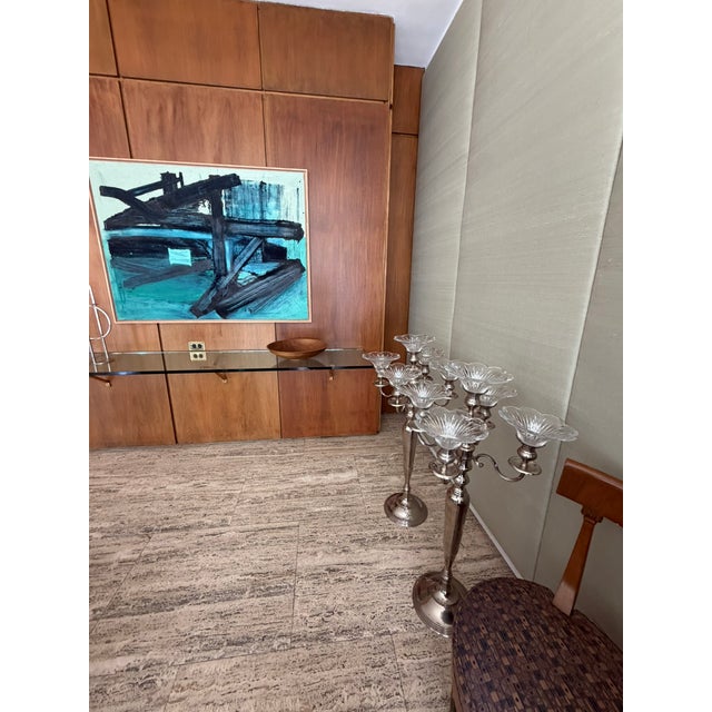 Vintage 1970s Silver Plate Candelabra With Removable Crystal Cups — 40” High For Sale In Chicago - Image 6 of 13