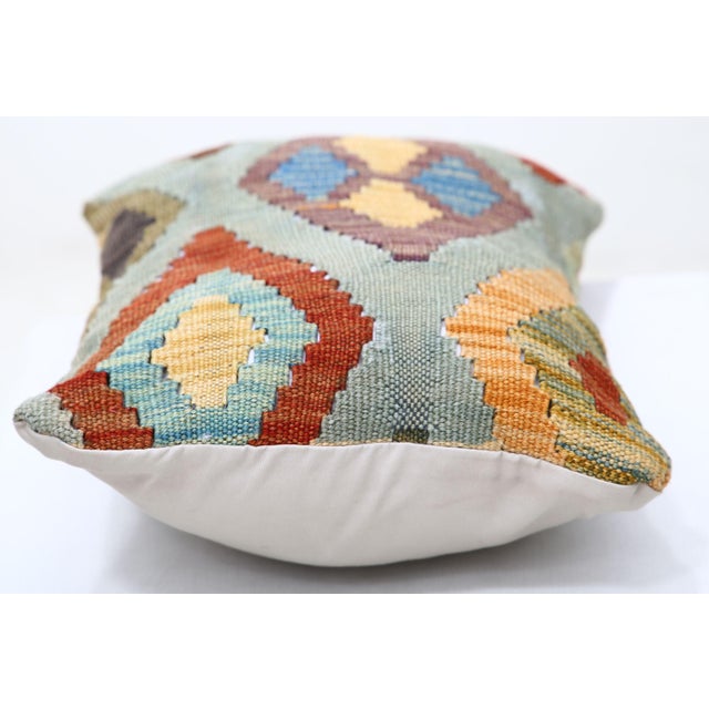 Tribal Arteverk Handwoven Afghan Kilim Lumbar Pillow — Gray & Red Diamond Medallion For Sale - Image 3 of 3