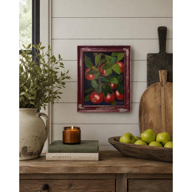A wonderfully primitive apple still life with bold color, chunky texture, and an unapologetically handmade quality....