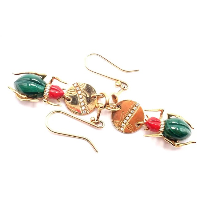 Early 21st Century Gucci Diamond Malachite Carnelian Scarab Yellow Gold Drop Earrings, A Pair For Sale - Image 5 of 5