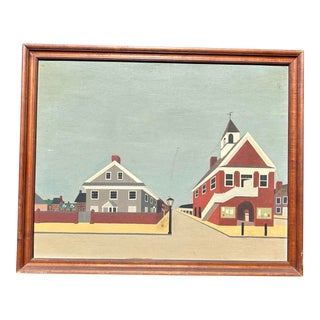 Antique Primitive Architectural Oil Painting With Perspective, Long Island Beach Town For Sale