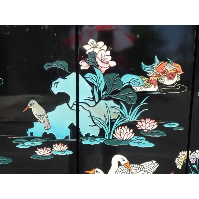 Wood Vintage Oriental Asian Blue Coromandel Four Panel Screen Room Divider W Swans For Sale - Image 7 of 12