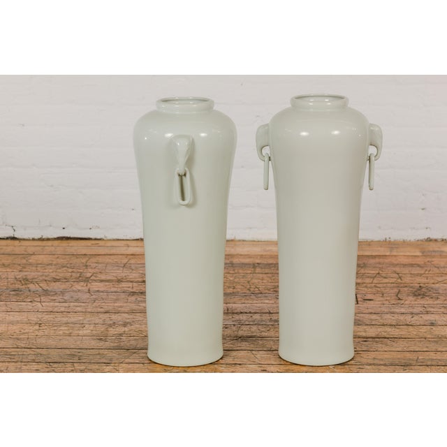 Tall and Slender Vintage White Porcelain Elephant Handles Altar Vases - A Pair For Sale - Image 12 of 12