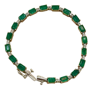 9 Carat Emerald Cut Emerald and Diamond Tennis Bracelet 14 Karat Yellow Gold