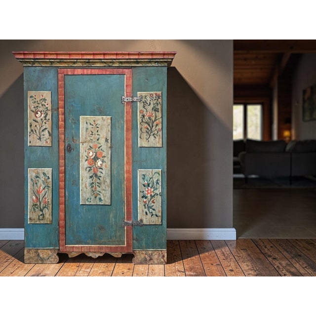 Alpine Blue Floral Painted Cupboard For Sale - Image 5 of 18