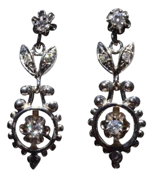 The Alamo: Mid Century Granulated Diamond Dangler Earrings in White Gold, 2 Pieces