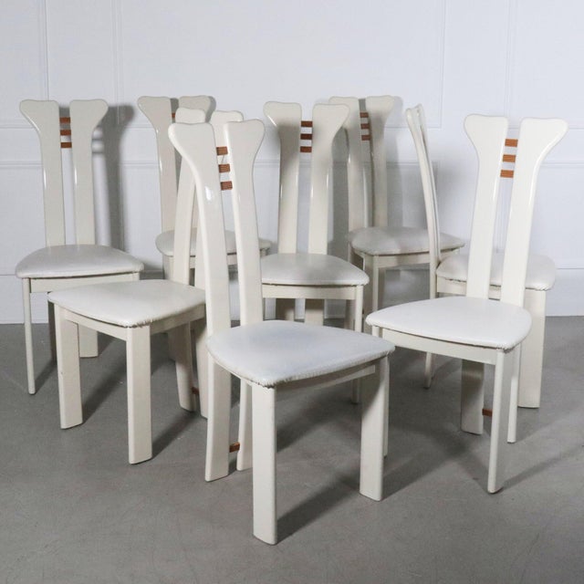 1980s Pierre Cardin Italian Postmodern Dining Chairs in White Lacquer with Leather Seats - Set of 8 For Sale - Image 10 of 10