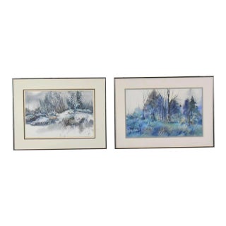 Vintage Watercolor Winter Landscape Paintings by Dorothy M. Reece Kordash - A Pair For Sale
