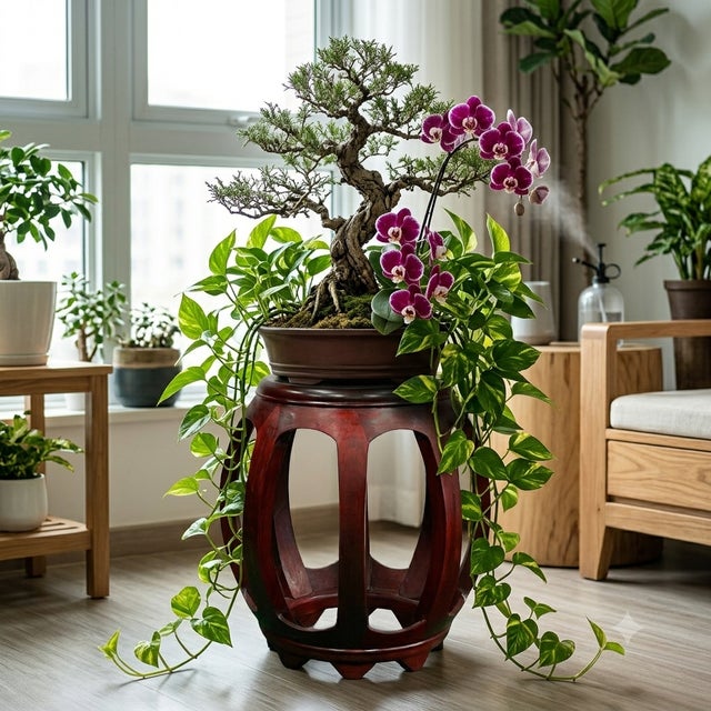 1990s Vintage Reddish Brown Oriental Barrel Shape Round Stool Side Table For Sale - Image 5 of 11