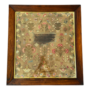 1843 American Pictorial Folk Art Needlework Sampler in 1840s Flame Grain Veneer Frame
