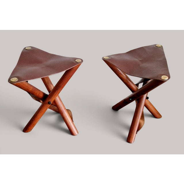 Folding Stools in Teak and Brown Leather, 1970s, Set of 2 For Sale - Image 4 of 18