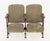 Pair of Bouwerie Lane Theater Beige Upholstered Seats, with carved wood handles on cast iron frames, brass labels "10" and...