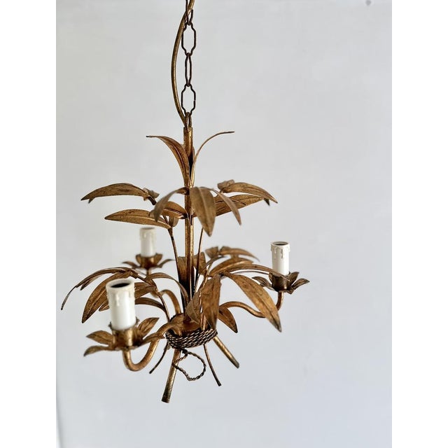 Metal French Gilt Palm Leaf Chandelier, 1950 For Sale - Image 7 of 15
