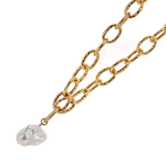 2020s Majestic Pearl Stone Pendant Gold Link Chain Necklace For Sale - Image 5 of 9